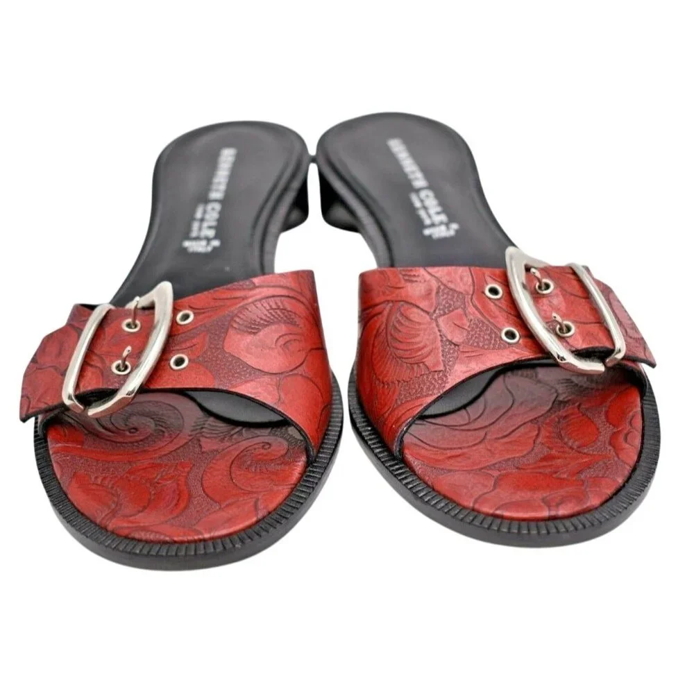 Vintage‎ Kenneth Cole “Flower Child” Red Tooled Leather Slide Sandals sz 6 M